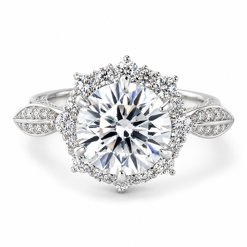 Round Cut Diamond White Sterling Silver Halo Floral Inspired Engagement Ring