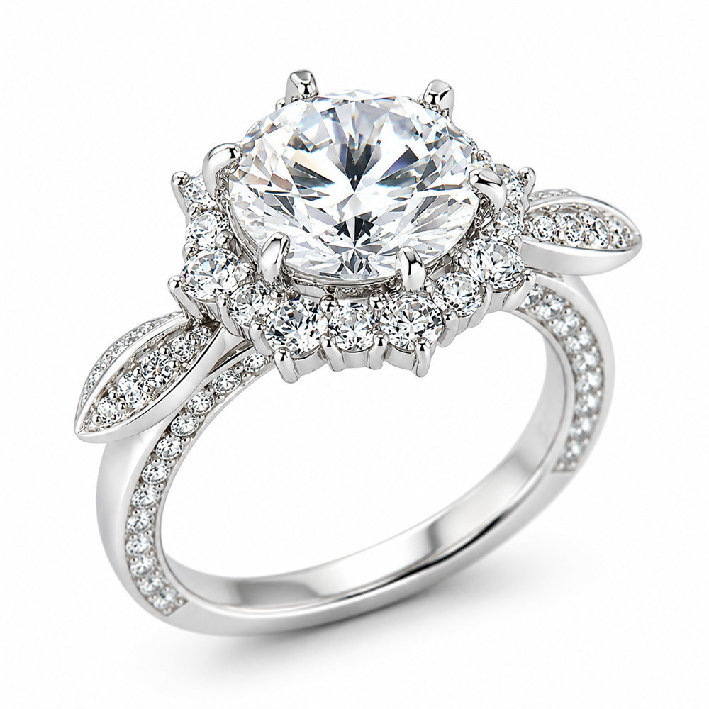 Round Cut Diamond White Sterling Silver Halo Floral Inspired Engagement Ring