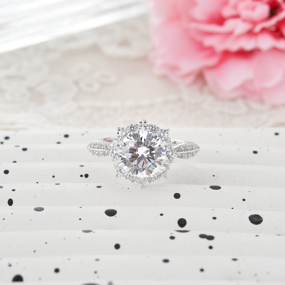 Round Cut Diamond White Sterling Silver Halo Floral Inspired Engagement Ring