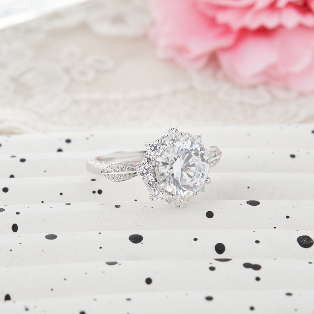 Round Cut Diamond White Sterling Silver Halo Floral Inspired Engagement Ring