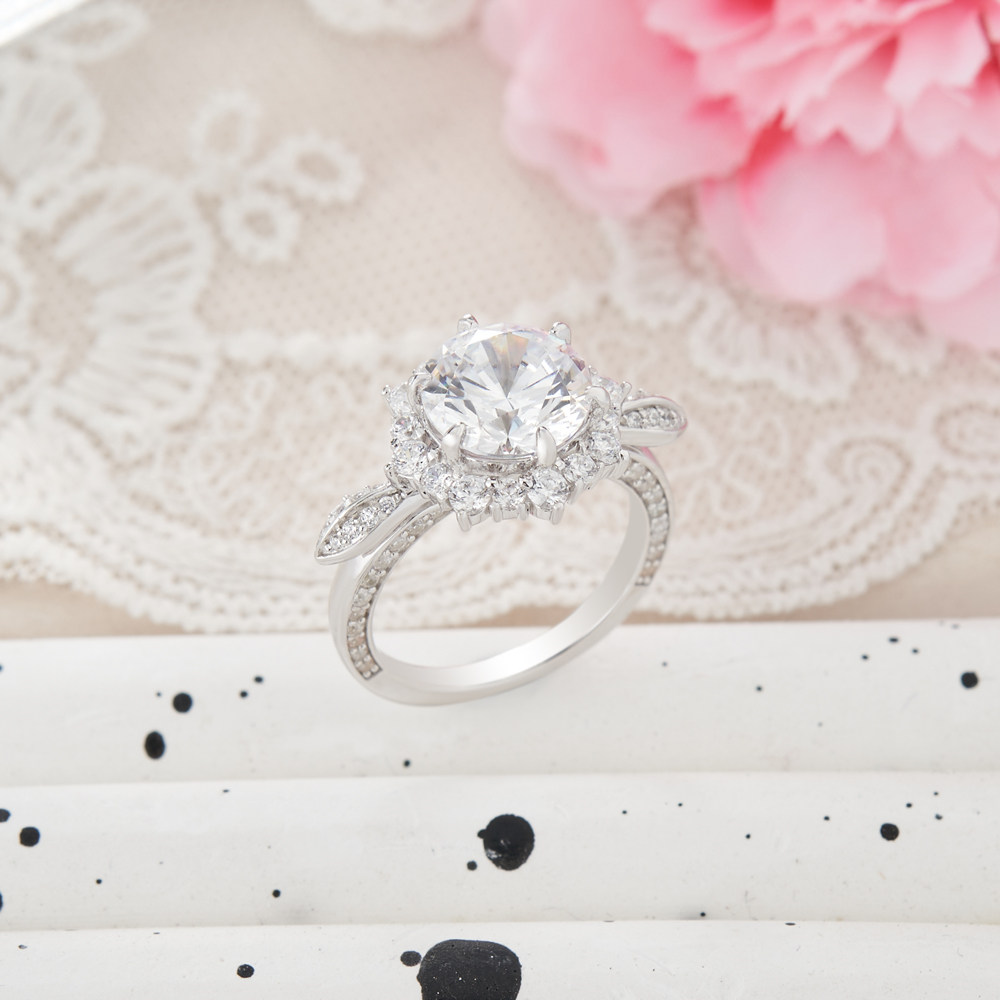Round Cut Diamond White Sterling Silver Halo Floral Inspired Engagement Ring