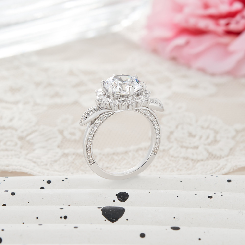 Round Cut Diamond White Sterling Silver Halo Floral Inspired Engagement Ring