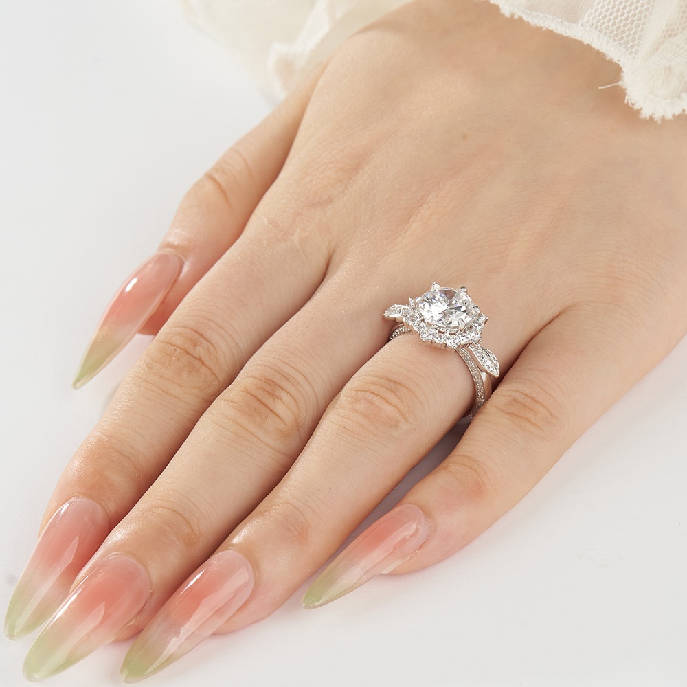 Round Cut Diamond White Sterling Silver Halo Floral Inspired Engagement Ring