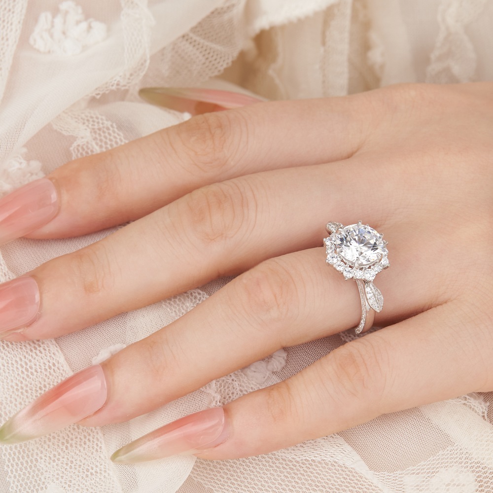 Round Cut Diamond White Sterling Silver Halo Floral Inspired Engagement Ring