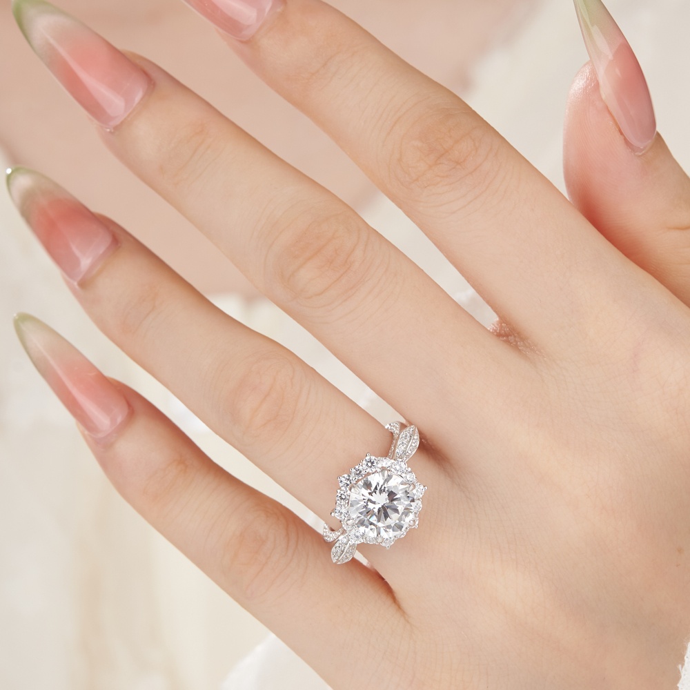 Round Cut Diamond White Sterling Silver Halo Floral Inspired Engagement Ring