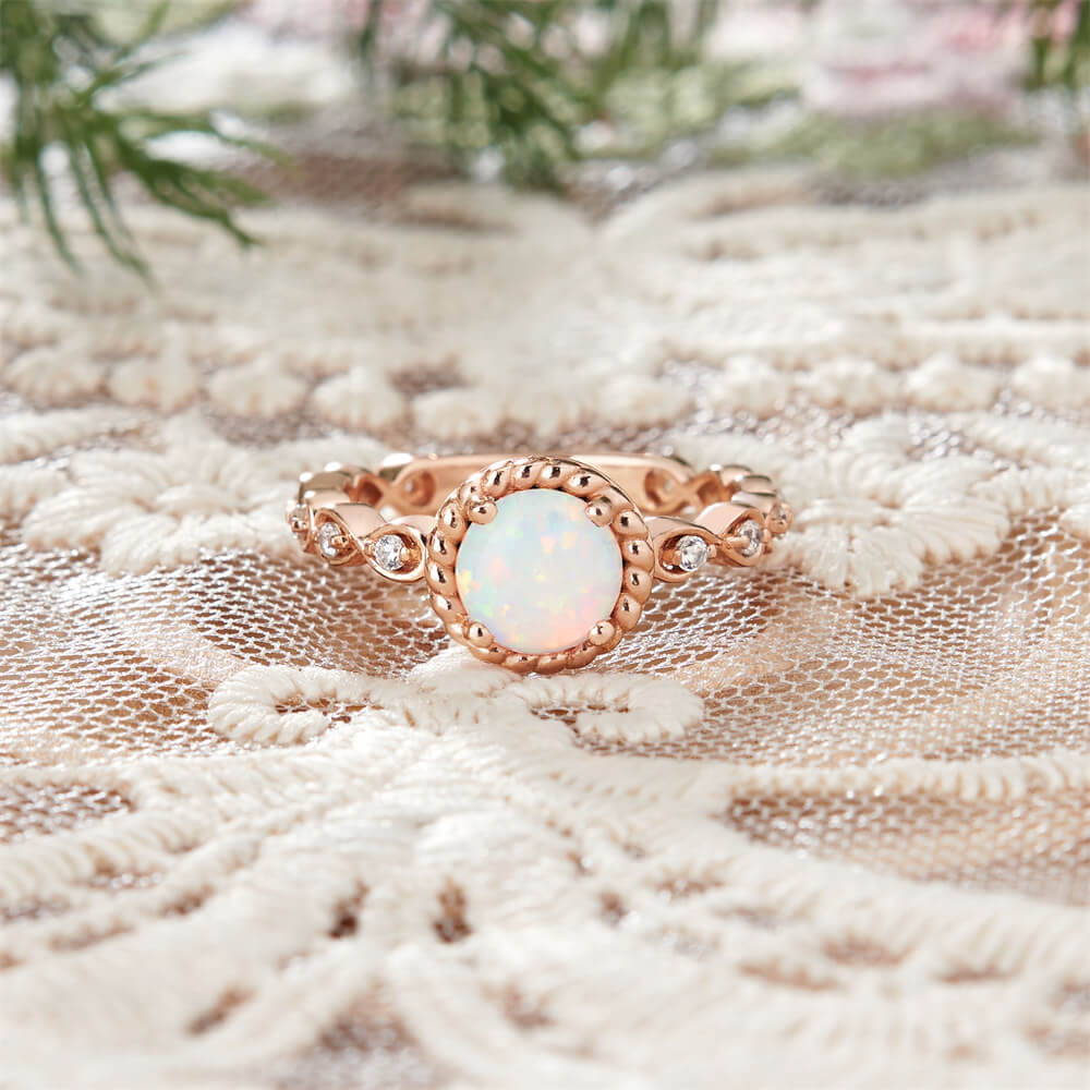 Round Cut Opal Rose Gold Sterling Silver Vintage Twisted Engagement Ring