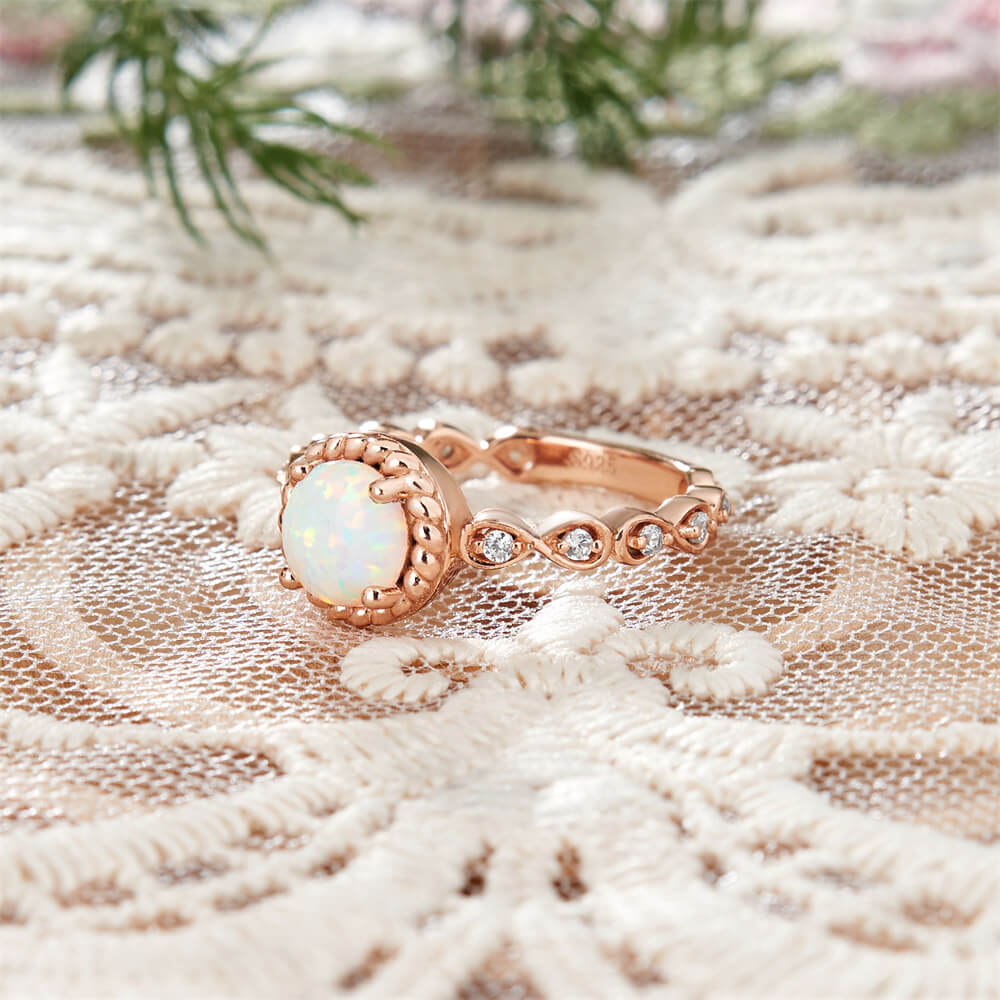 Round Cut Opal Rose Gold Sterling Silver Vintage Twisted Engagement Ring