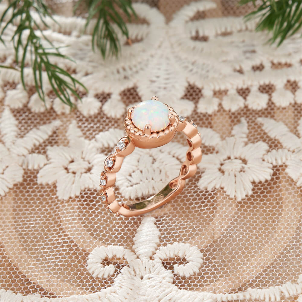 Round Cut Opal Rose Gold Sterling Silver Vintage Twisted Engagement Ring
