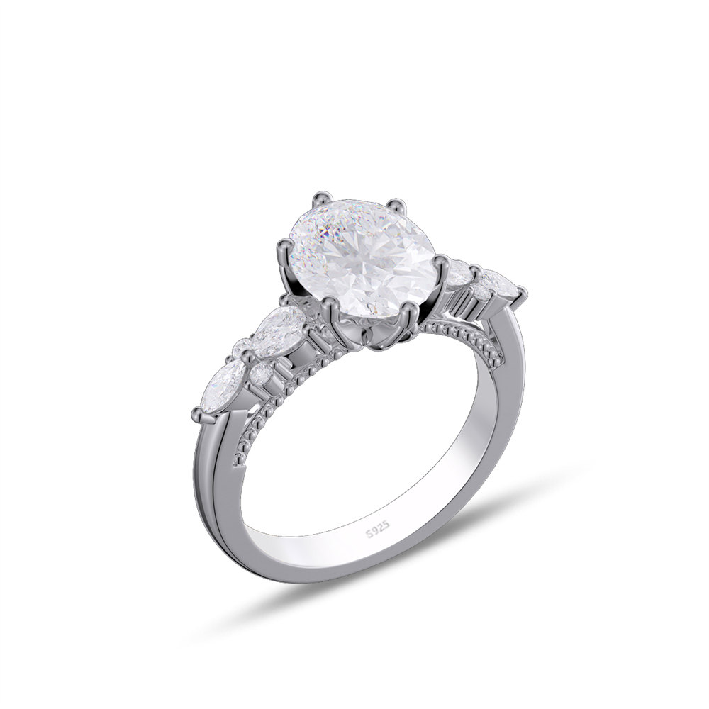 Oval Cut Diamond White 925 Sterling Silver Side Cluster Vintage Engagement Ring