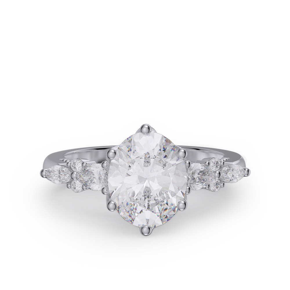 Oval Cut Diamond White 925 Sterling Silver Side Cluster Vintage Engagement Ring