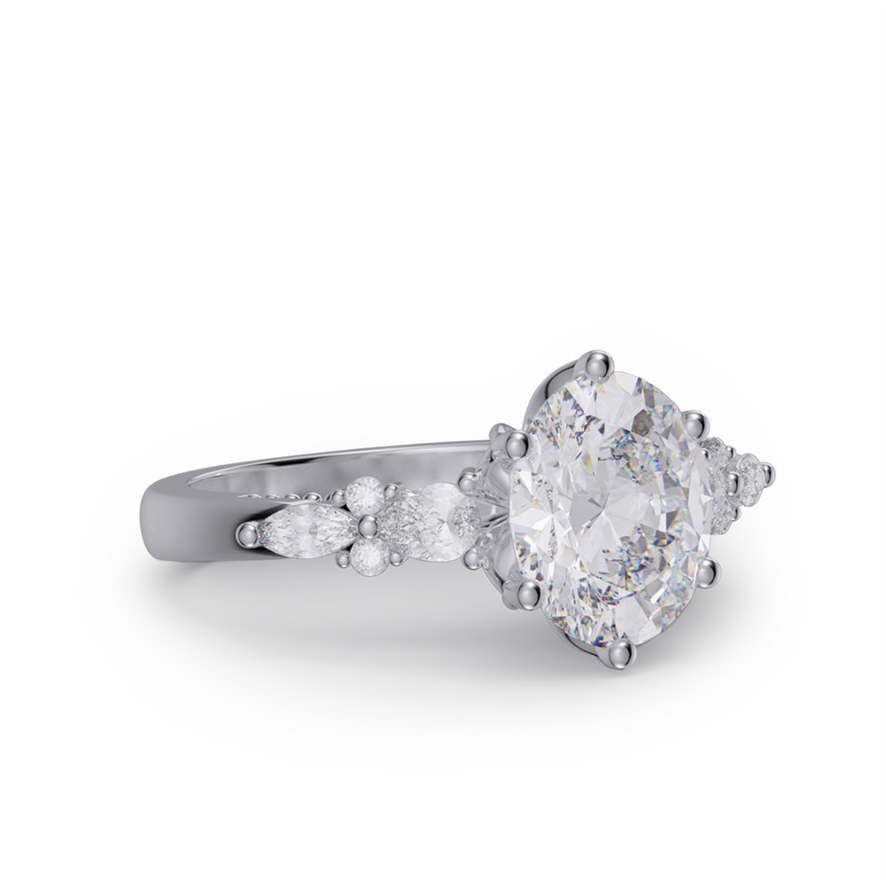 Oval Cut Diamond White 925 Sterling Silver Side Cluster Vintage Engagement Ring