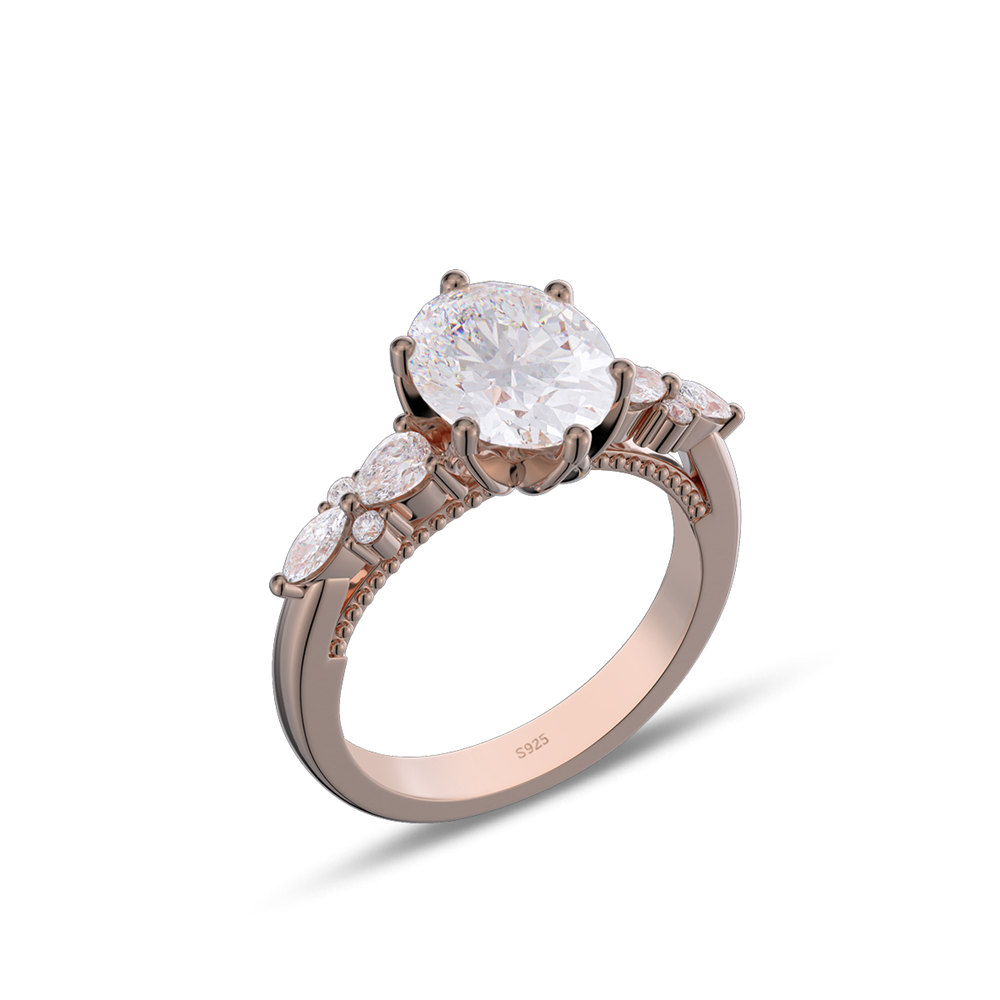 Oval Cut Diamond White 925 Sterling Silver Side Cluster Vintage Engagement Ring