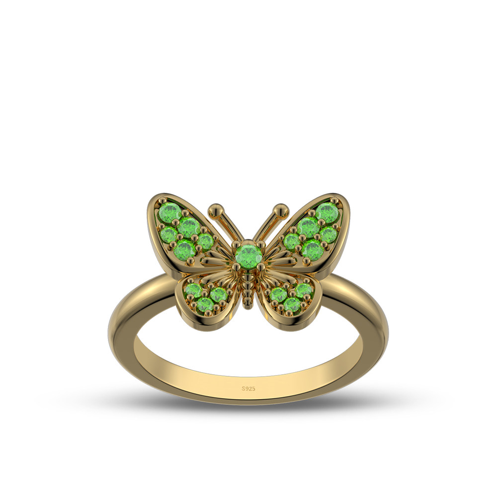 Round Cut Emerald Green Sterling Silver Butterfly Ring