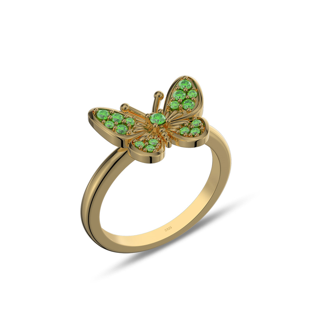 Round Cut Emerald Green Sterling Silver Butterfly Ring