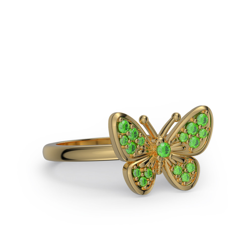 Round Cut Emerald Green Sterling Silver Butterfly Ring