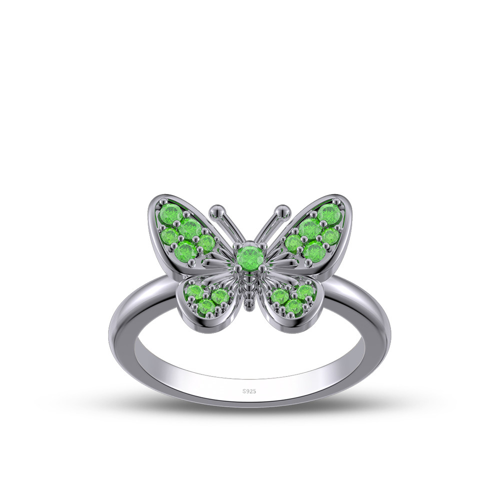 Round Cut Emerald Green Sterling Silver Butterfly Ring