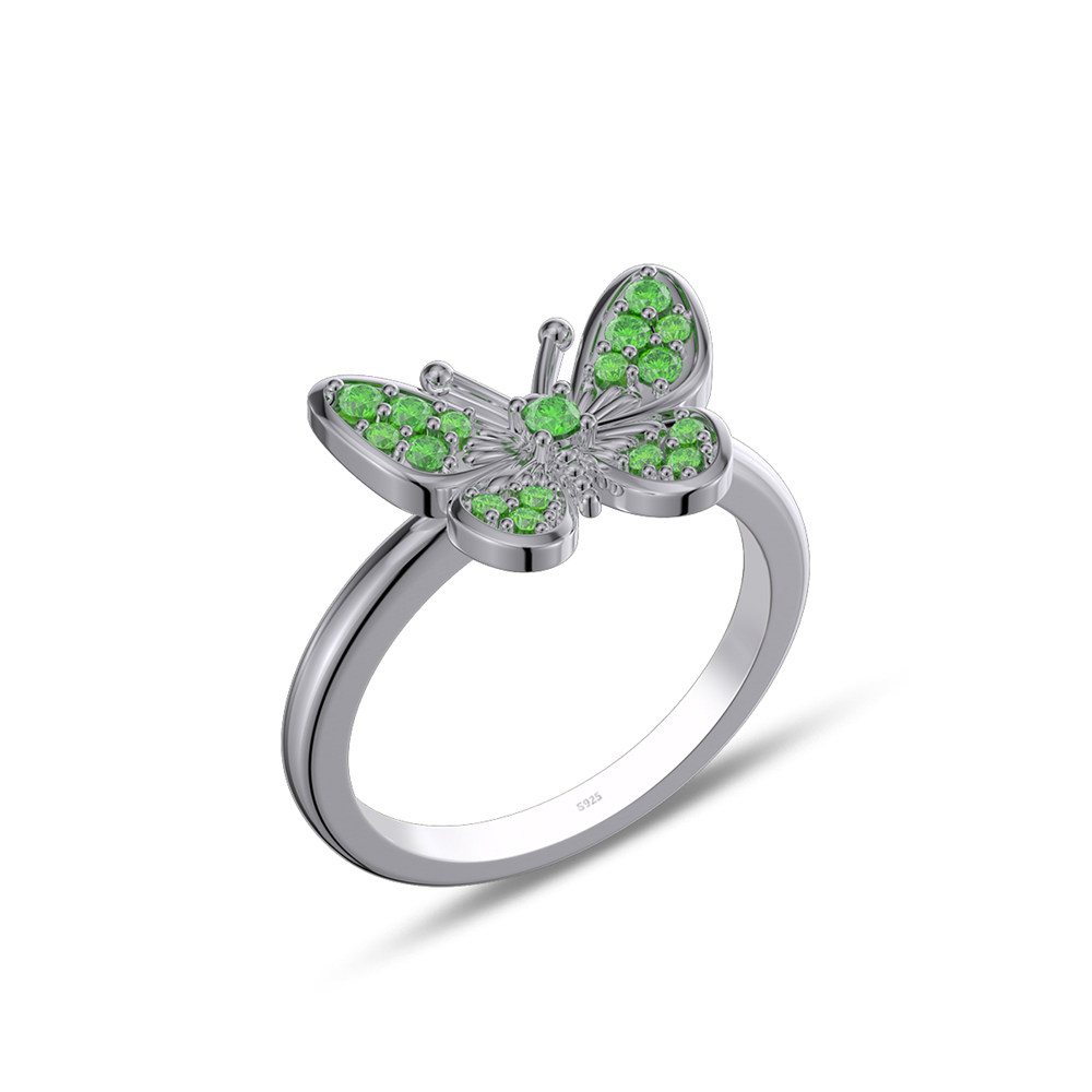 Round Cut Emerald Green Sterling Silver Butterfly Ring