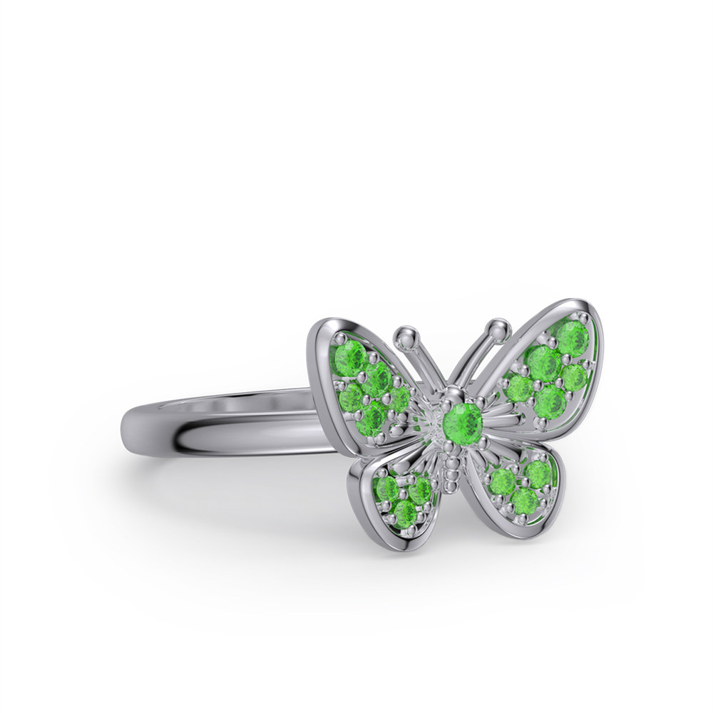 Round Cut Emerald Green Sterling Silver Butterfly Ring