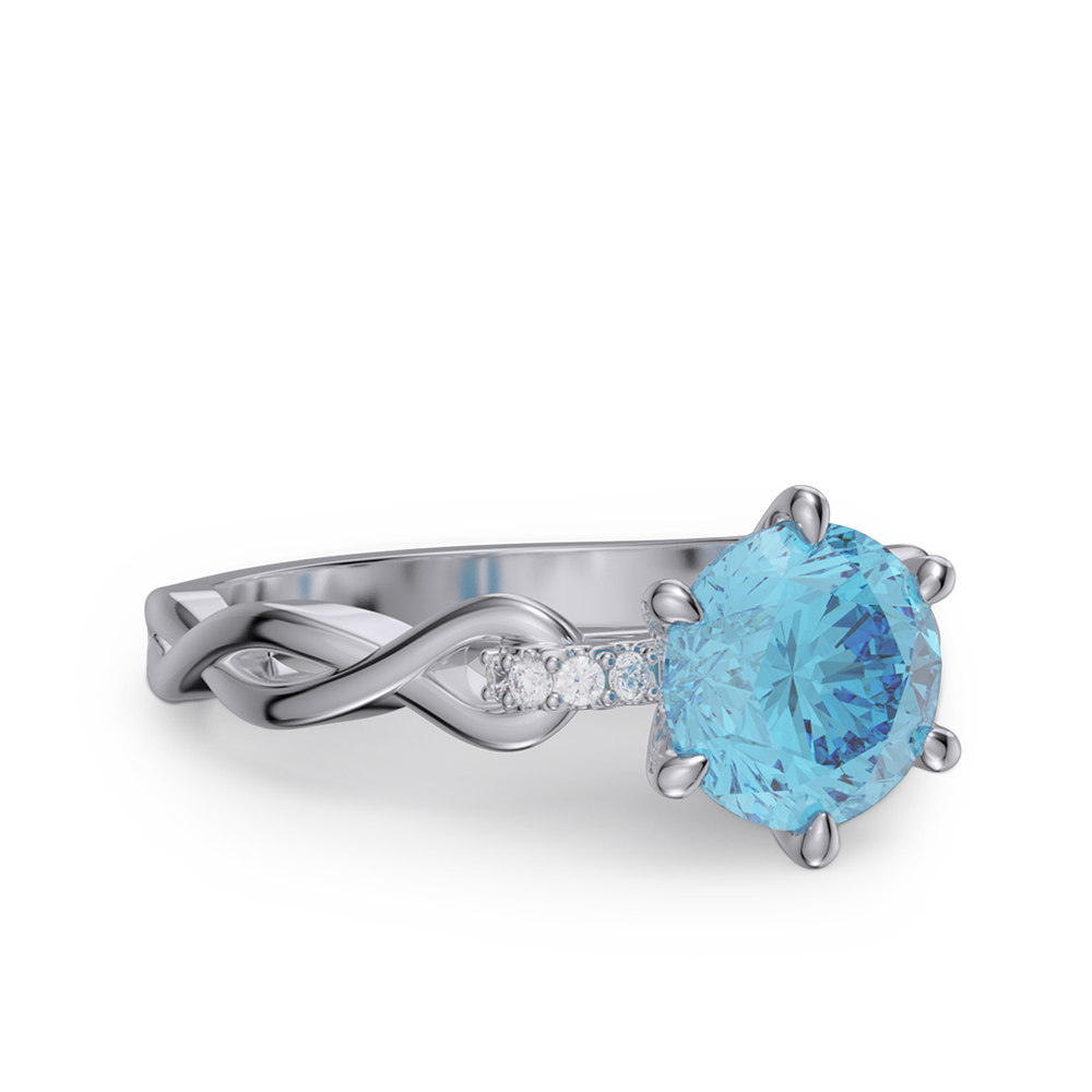 Round Cut Aquamarine Blue Sterling Silver Intertwined Twisted Engagement Ring