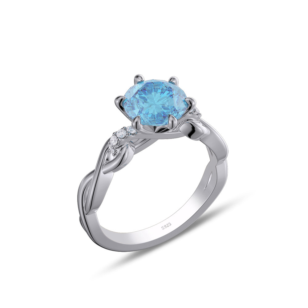 Round Cut Aquamarine Blue Sterling Silver Intertwined Twisted Engagement Ring