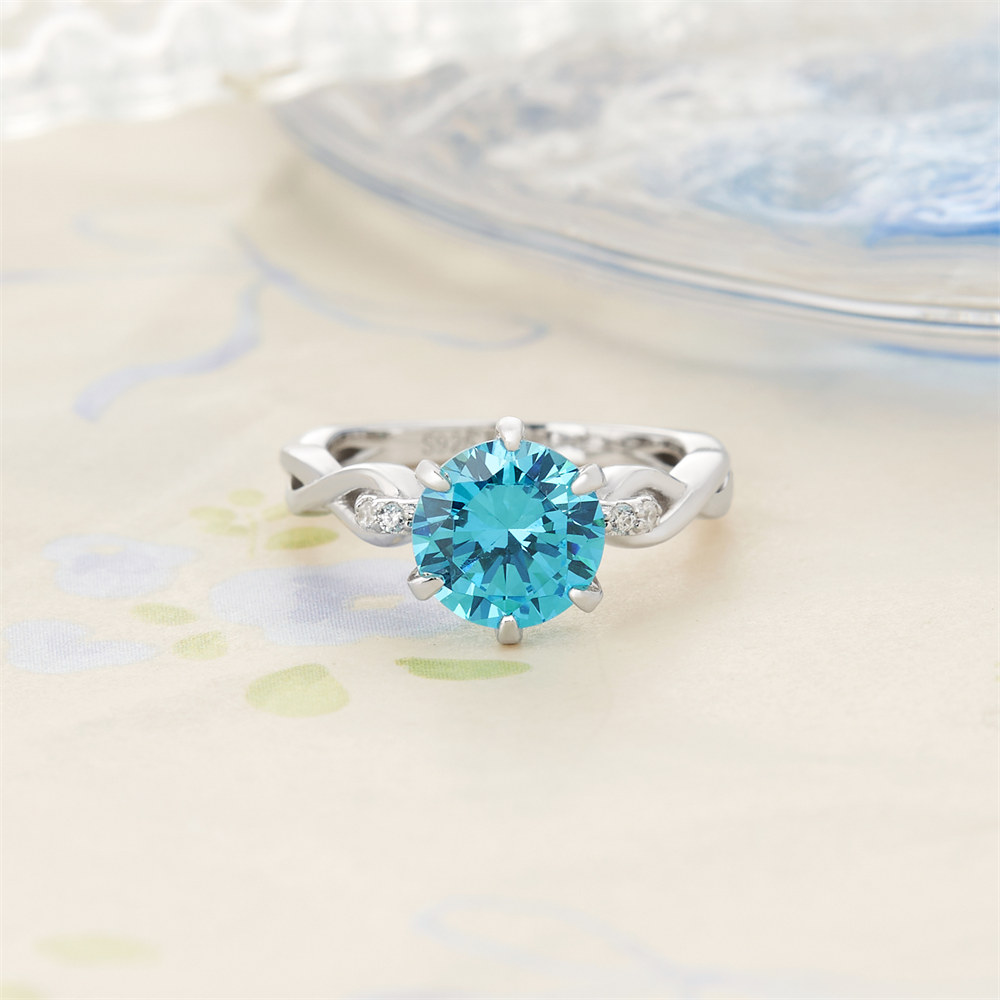 Round Cut Aquamarine Blue Sterling Silver Intertwined Twisted Engagement Ring