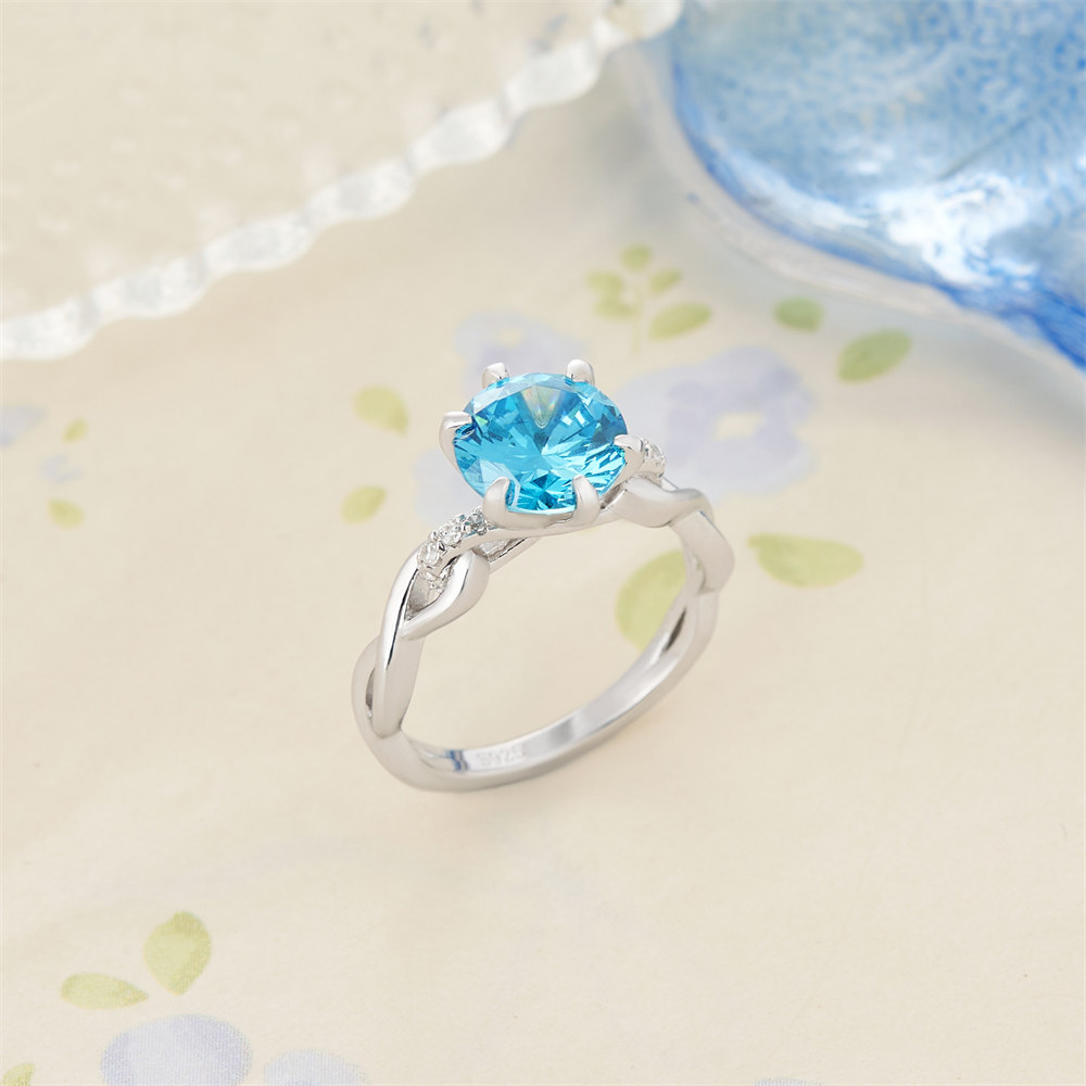 Round Cut Aquamarine Blue Sterling Silver Intertwined Twisted Engagement Ring