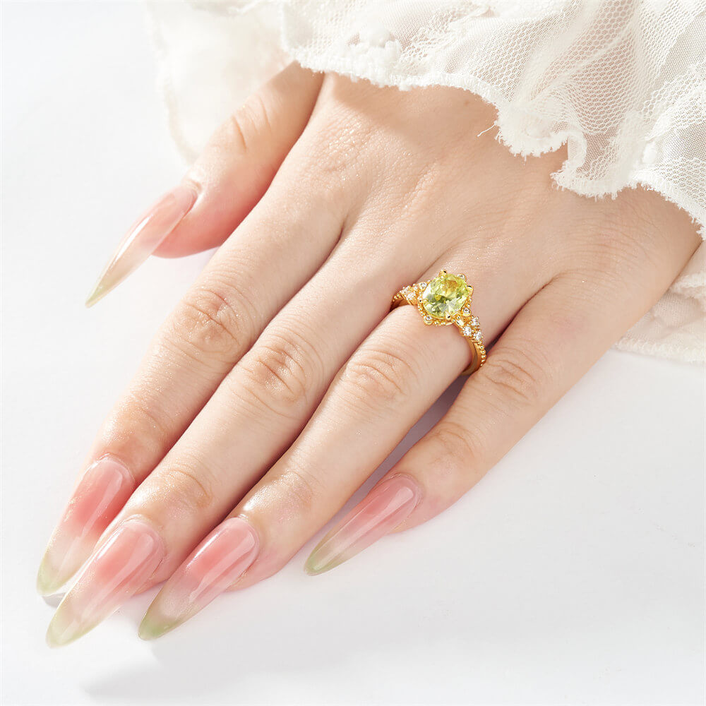 Oval Cut Peridot Green 925 Sterling Silver 3-Stone Engagement Ring