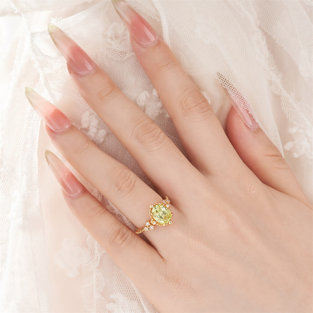 Oval Cut Peridot Green 925 Sterling Silver 3-Stone Engagement Ring