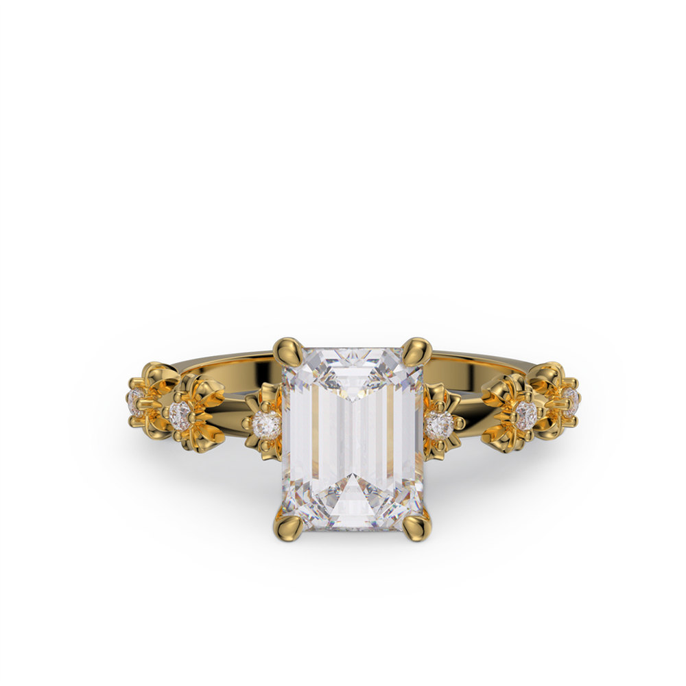 Emerald Cut Diamond White 925 Sterling Silver Vintage Blossom Floral Engagement Ring