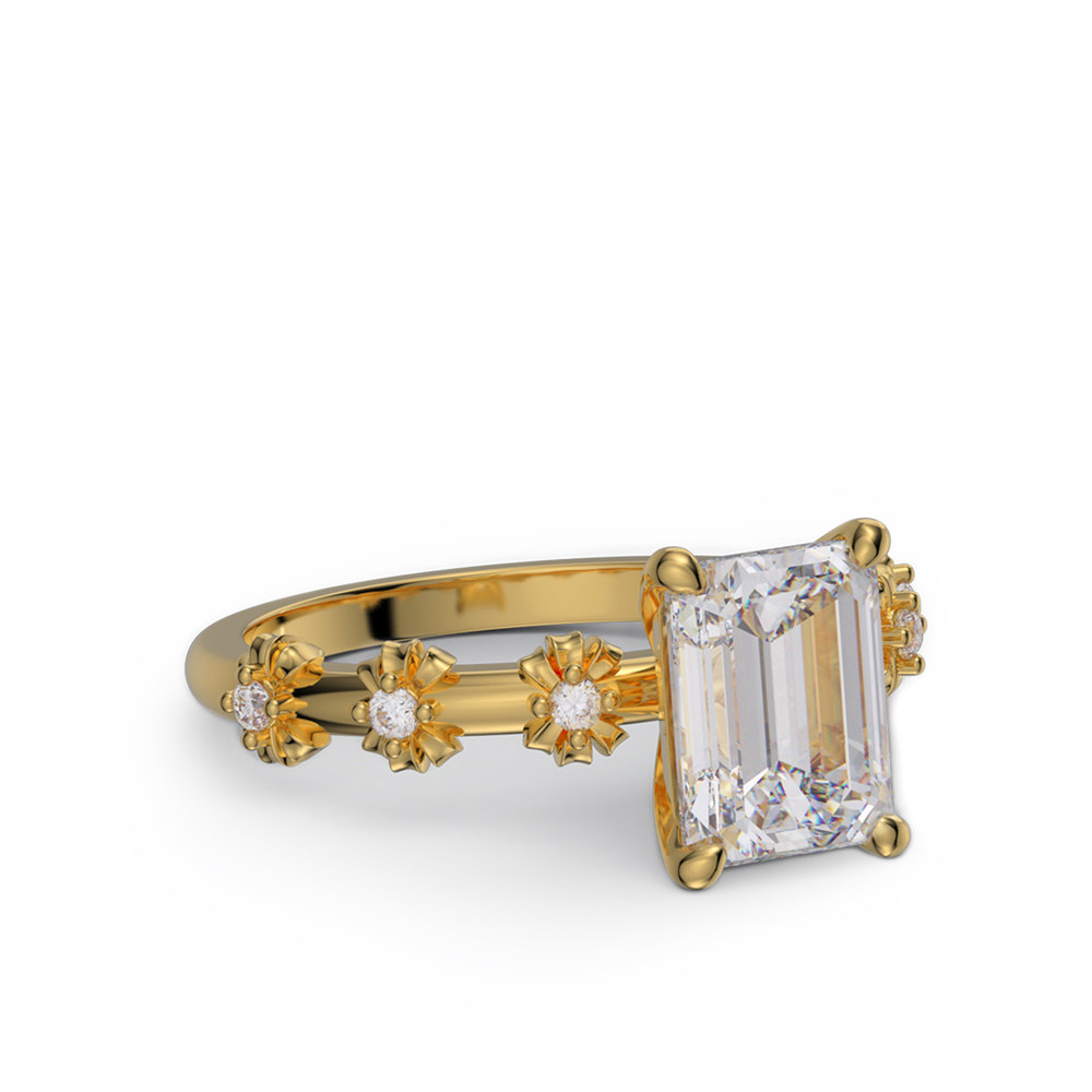 Emerald Cut Diamond White 925 Sterling Silver Vintage Blossom Floral Engagement Ring