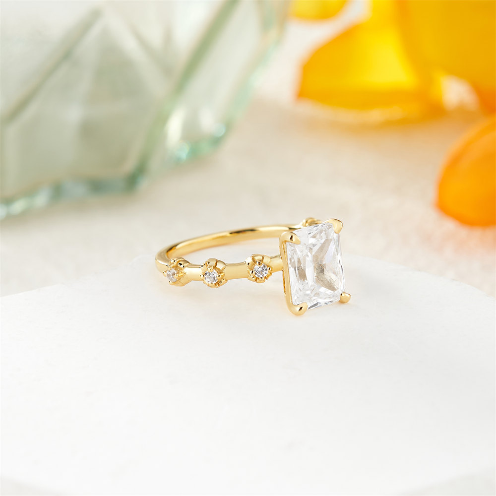 Emerald Cut Diamond White 925 Sterling Silver Vintage Blossom Floral Engagement Ring
