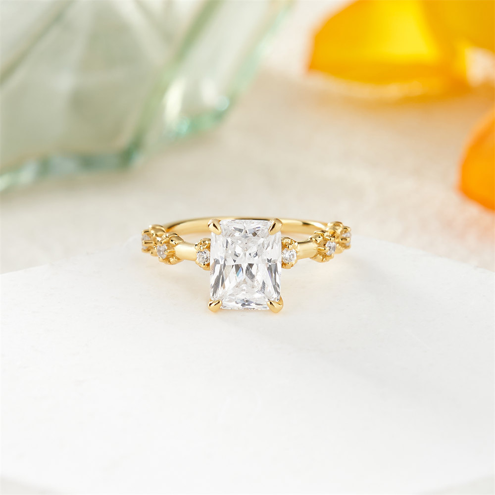 Emerald Cut Diamond White 925 Sterling Silver Vintage Blossom Floral Engagement Ring