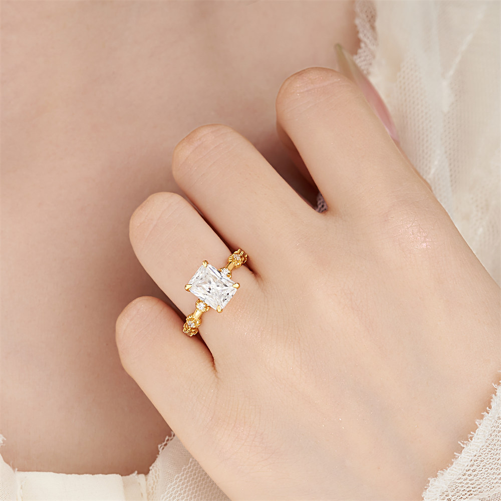 Emerald Cut Diamond White 925 Sterling Silver Vintage Blossom Floral Engagement Ring