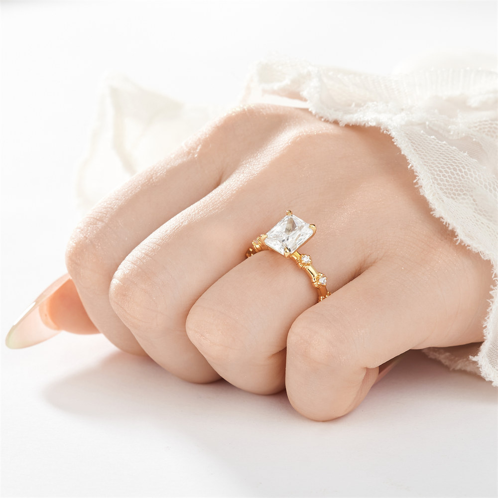 Emerald Cut Diamond White 925 Sterling Silver Vintage Blossom Floral Engagement Ring