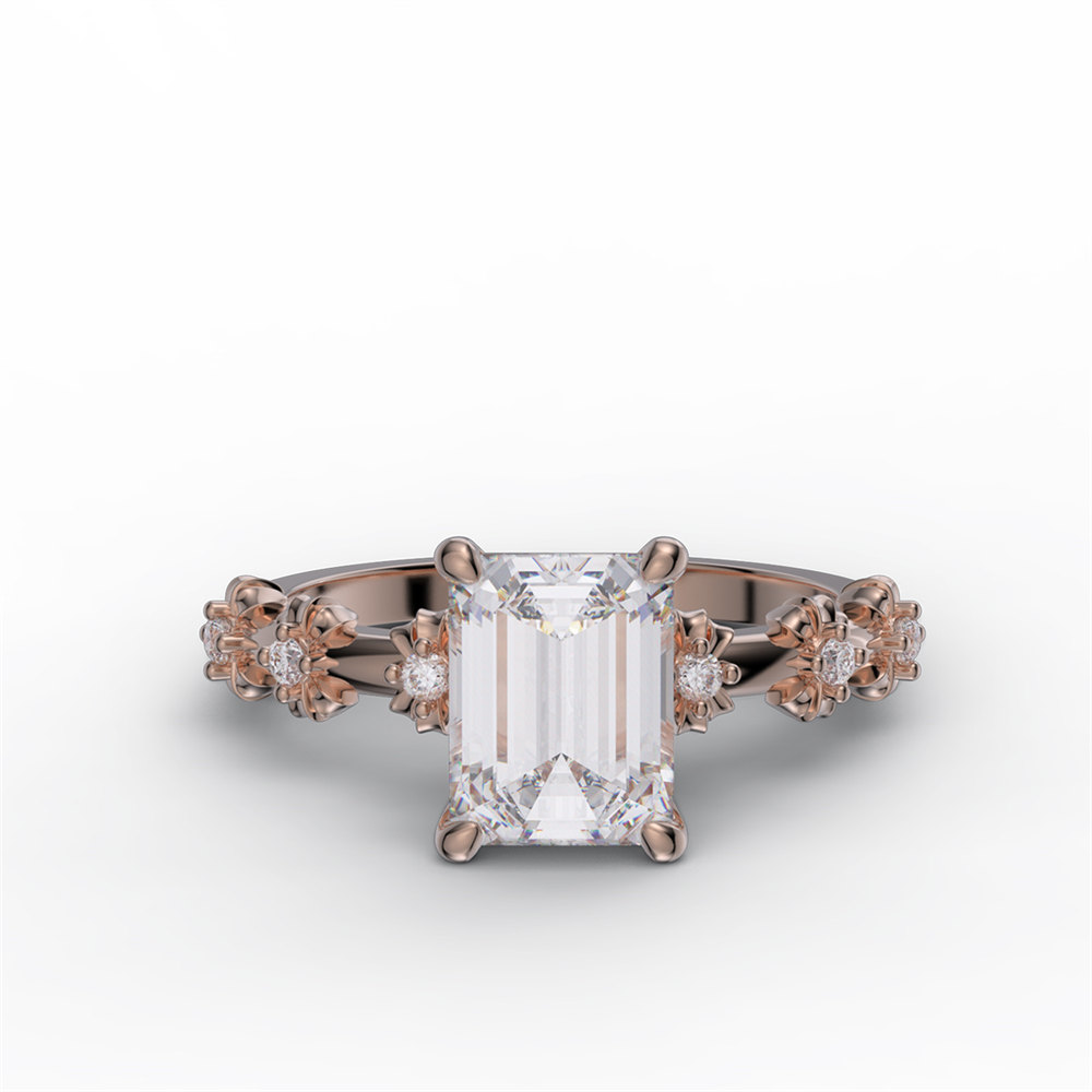 Emerald Cut Diamond White 925 Sterling Silver Vintage Blossom Floral Engagement Ring