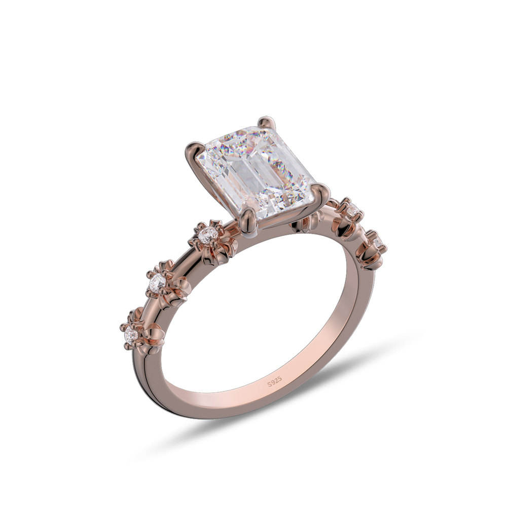 Emerald Cut Diamond White 925 Sterling Silver Vintage Blossom Floral Engagement Ring
