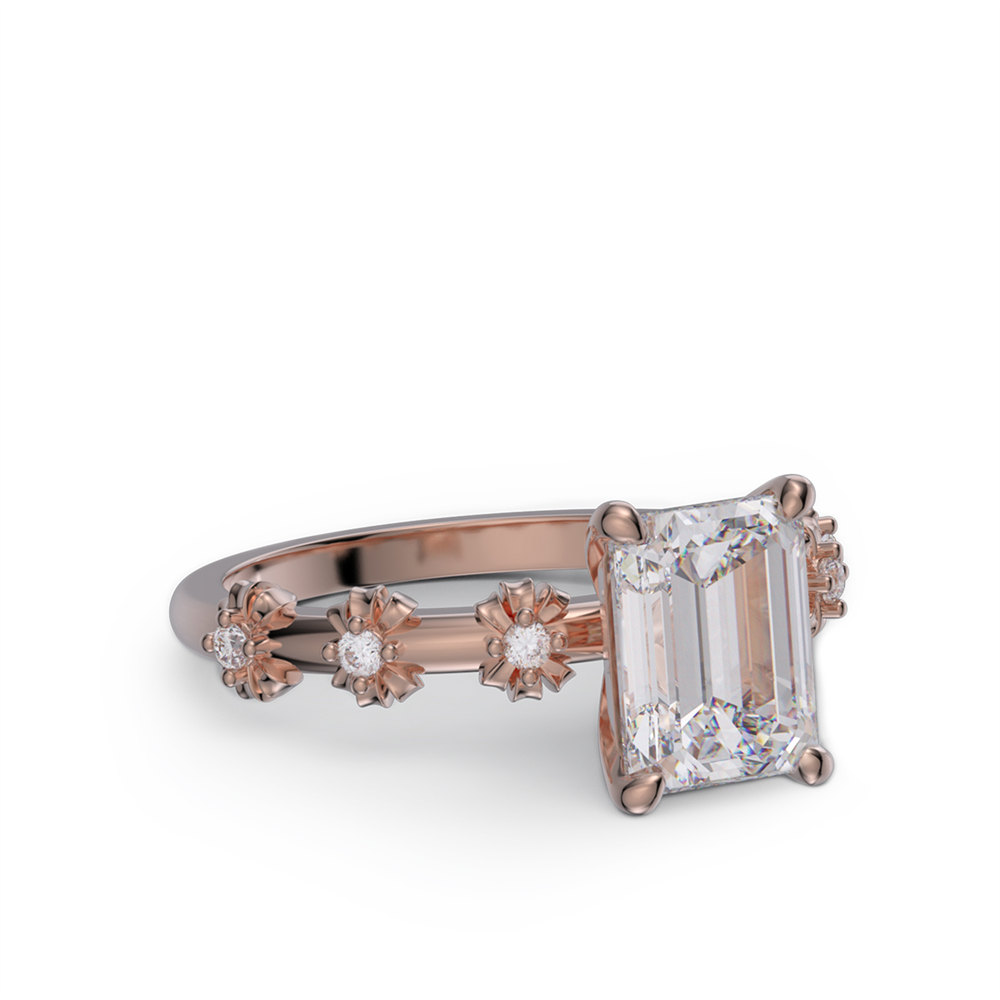 Emerald Cut Diamond White 925 Sterling Silver Vintage Blossom Floral Engagement Ring