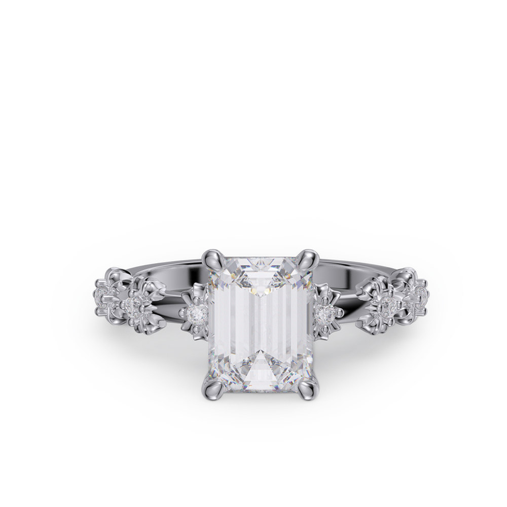 Emerald Cut Diamond White 925 Sterling Silver Vintage Blossom Floral Engagement Ring