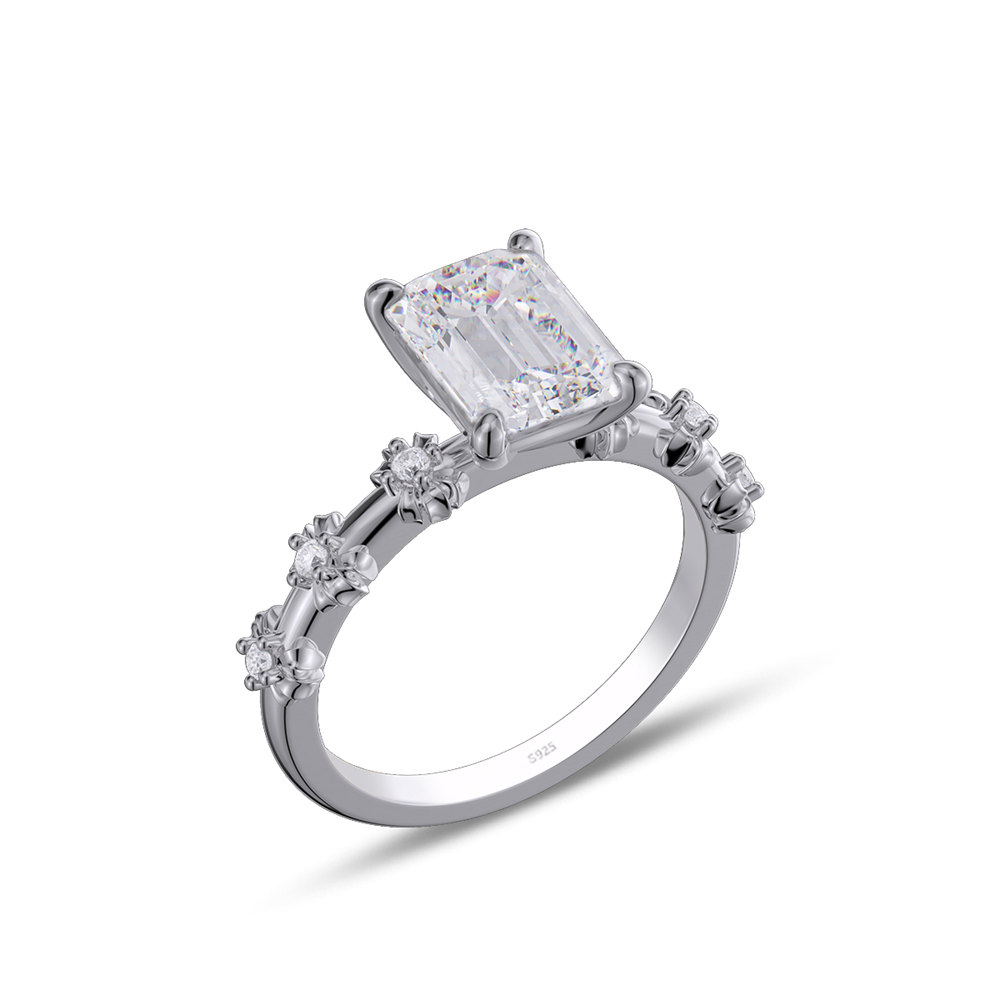 Emerald Cut Diamond White 925 Sterling Silver Vintage Blossom Floral Engagement Ring