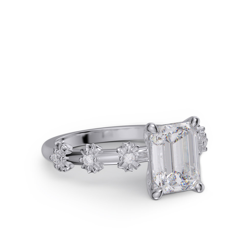 Emerald Cut Diamond White 925 Sterling Silver Vintage Blossom Floral Engagement Ring