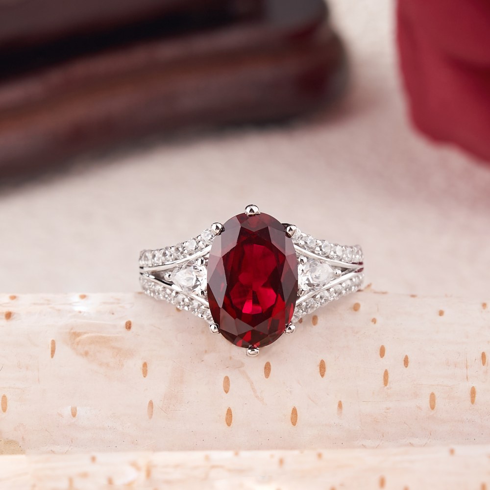 Oval Cut Ruby Red 925 Sterling Silver Vintage Engagement Ring