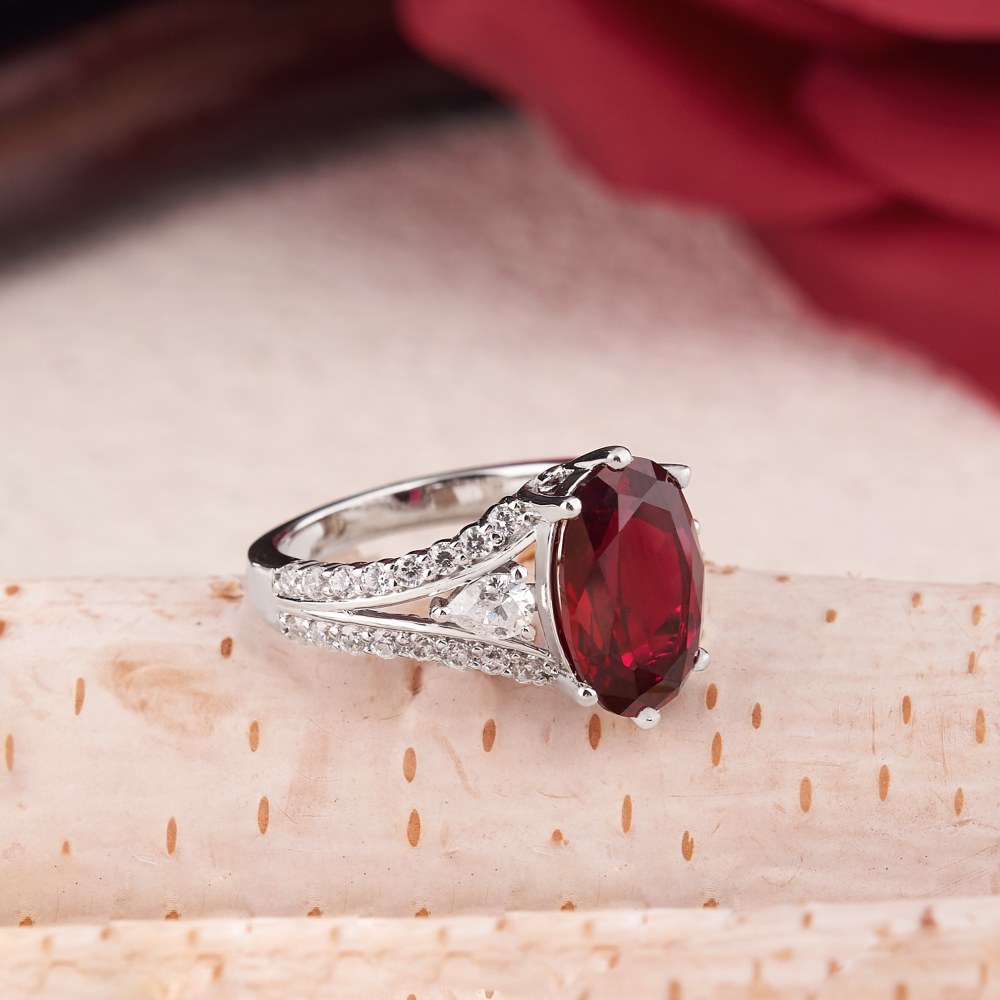 Oval Cut Ruby Red 925 Sterling Silver Vintage Engagement Ring