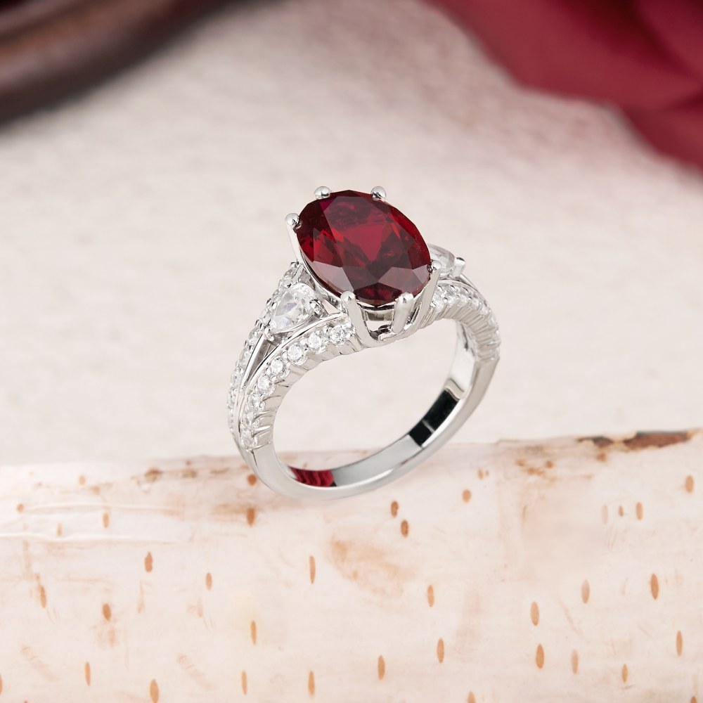Oval Cut Ruby Red 925 Sterling Silver Vintage Engagement Ring