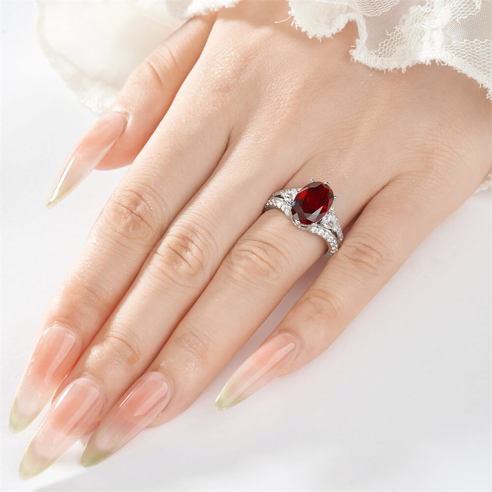 Oval Cut Ruby Red 925 Sterling Silver Vintage Engagement Ring