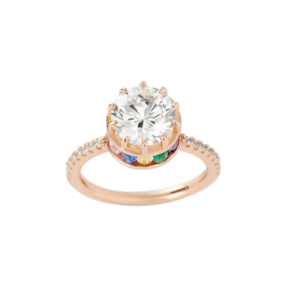 Round Cut Diamond White Sterling Silver Rose Gold Crown Hidden Rainbow Halo Engagement Ring