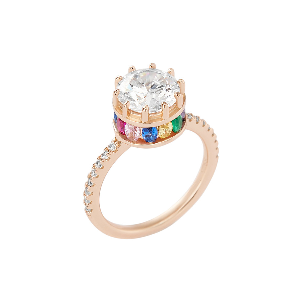 Round Cut Diamond White Sterling Silver Rose Gold Crown Hidden Rainbow Halo Engagement Ring