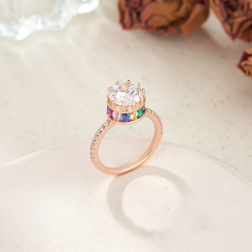 Round Cut Diamond White Sterling Silver Rose Gold Crown Hidden Rainbow Halo Engagement Ring
