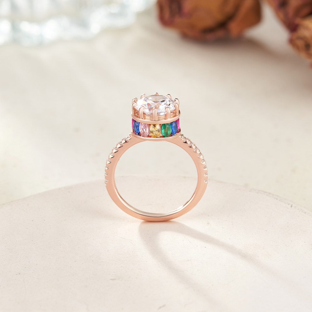 Round Cut Diamond White Sterling Silver Rose Gold Crown Hidden Rainbow Halo Engagement Ring
