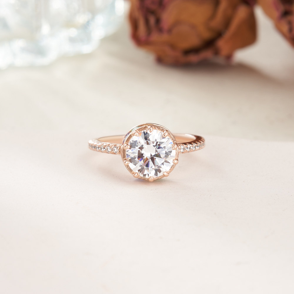 Round Cut Diamond White Sterling Silver Rose Gold Crown Hidden Rainbow Halo Engagement Ring
