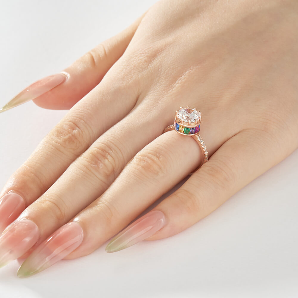 Round Cut Diamond White Sterling Silver Rose Gold Crown Hidden Rainbow Halo Engagement Ring